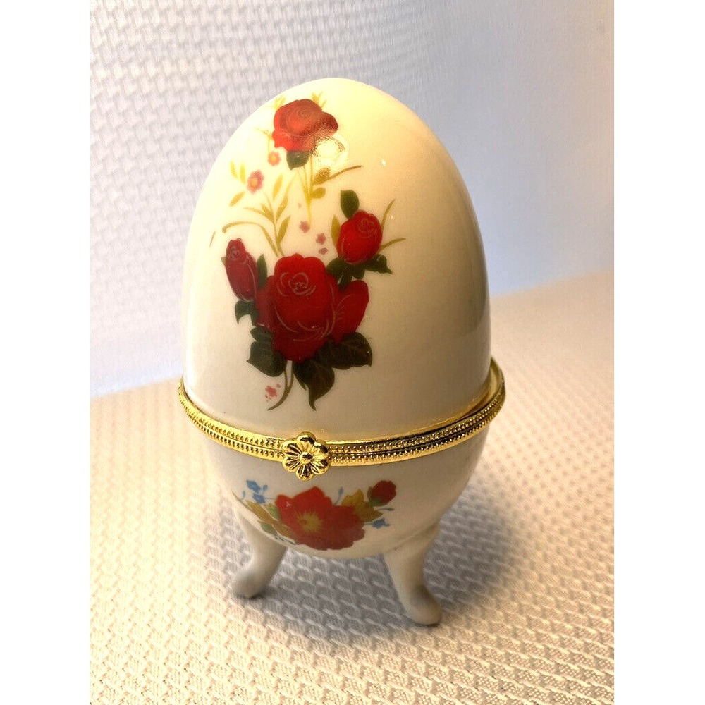 Egg Shaped Trinket Keepsake Box White Porcelain Red Floral Hinge Lid 4 Inches